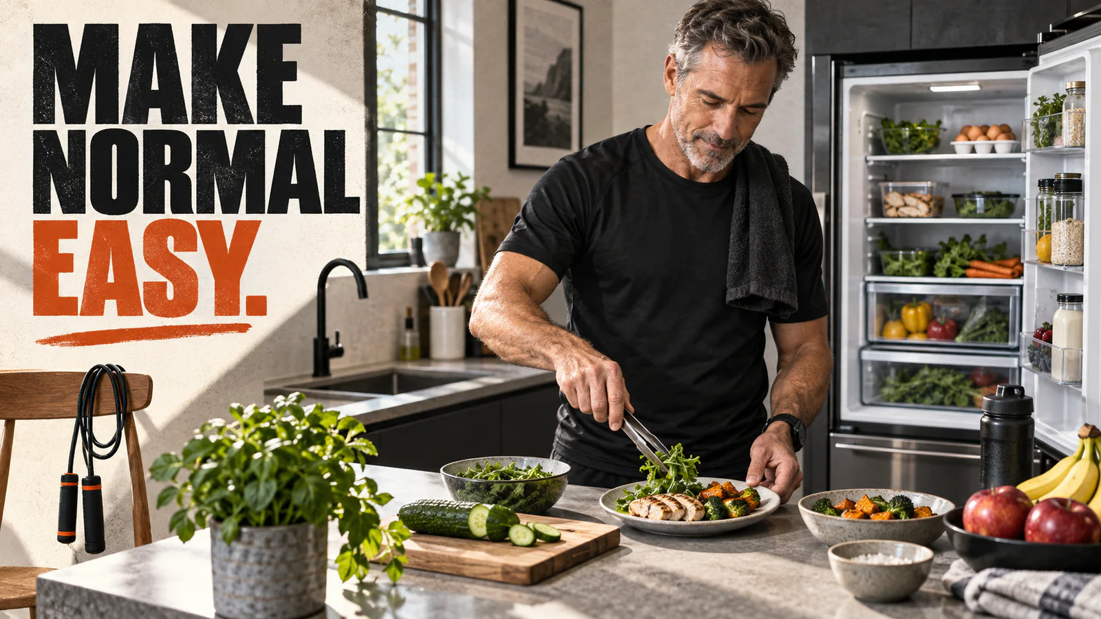 A fit man assembling a simple protein-centered meal in an organized home kitchen.