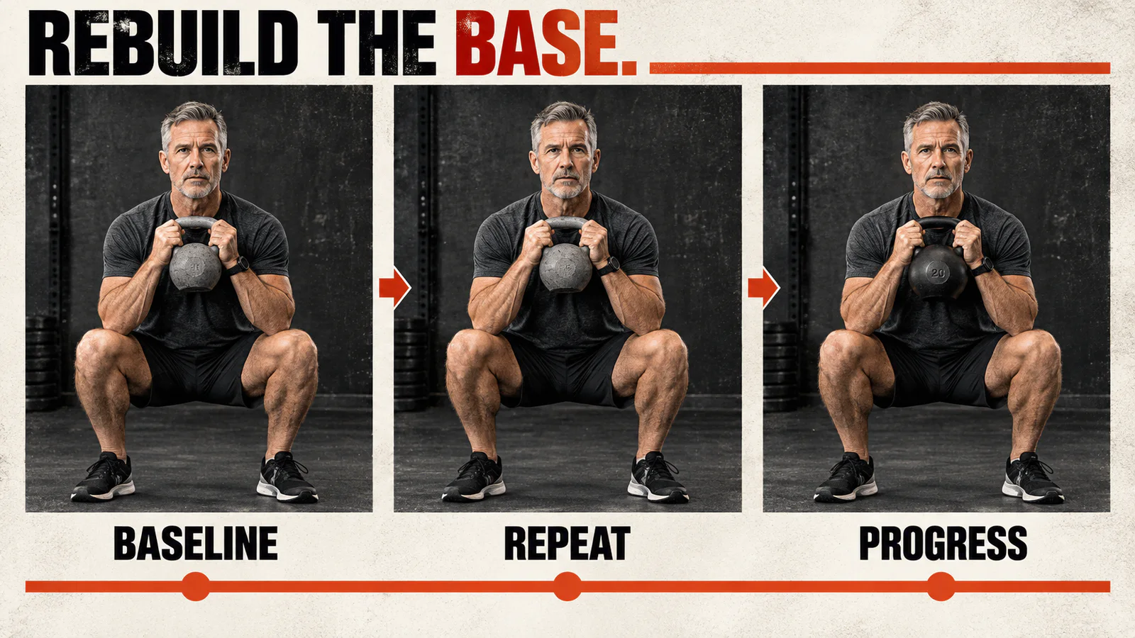 A capable man establishing, repeating, and gradually progressing a controlled goblet squat.